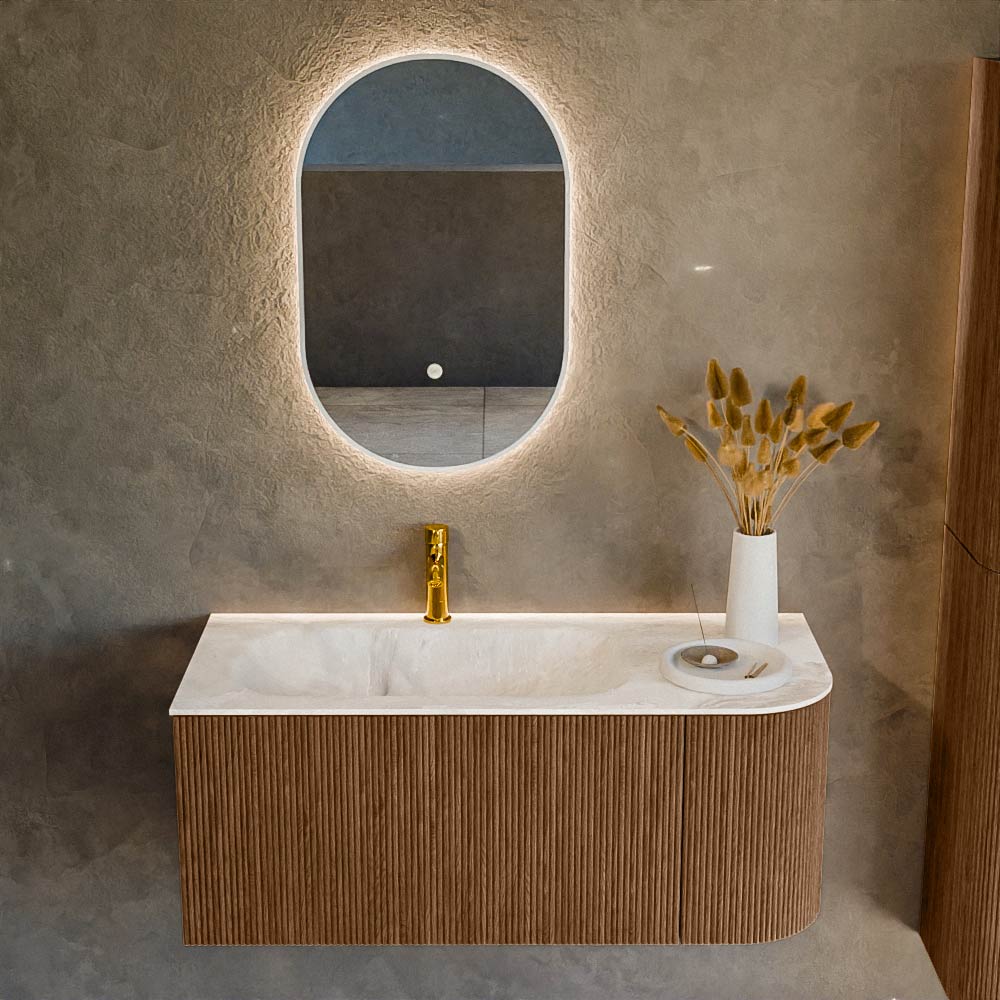 MONDIAZ KURVE-DLUX 105cm mueble de baño curva Derecha color Walnut con 1 cajón y 1 puerta. Lavabo BIG SMALL Izquierda 1 orificio Frappe. 2 MONDIAZ KURVE-DLUX 105cm mueble de baño curva Derecha color Walnut con 1 cajón y 1 puerta. Lavabo BIG SMALL Izquierda 1 orificio Frappe. - Imagen 2