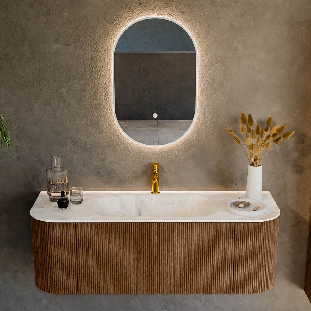 MONDIAZ KURVE-DLUX 130cm mueble de baño curva Izquierda + Derecha color Walnut con 1 cajón y 2 puertas. Lavabo BIG SMALL Centro 1 orificio Frappe. 2 MONDIAZ KURVE-DLUX 130cm mueble de baño curva Izquierda + Derecha color Walnut con 1 cajón y 2 puertas. Lavabo BIG SMALL Centro 1 orificio Frappe. - Imagen 2