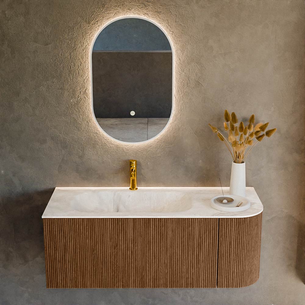 MONDIAZ KURVE-DLUX 115cm mueble de baño curva Derecha color Walnut con 1 cajón y 1 puerta. Lavabo BIG SMALL Izquierda 1 orificio Frappe. 2 MONDIAZ KURVE-DLUX 115cm mueble de baño curva Derecha color Walnut con 1 cajón y 1 puerta. Lavabo BIG SMALL Izquierda 1 orificio Frappe. - Imagen 2