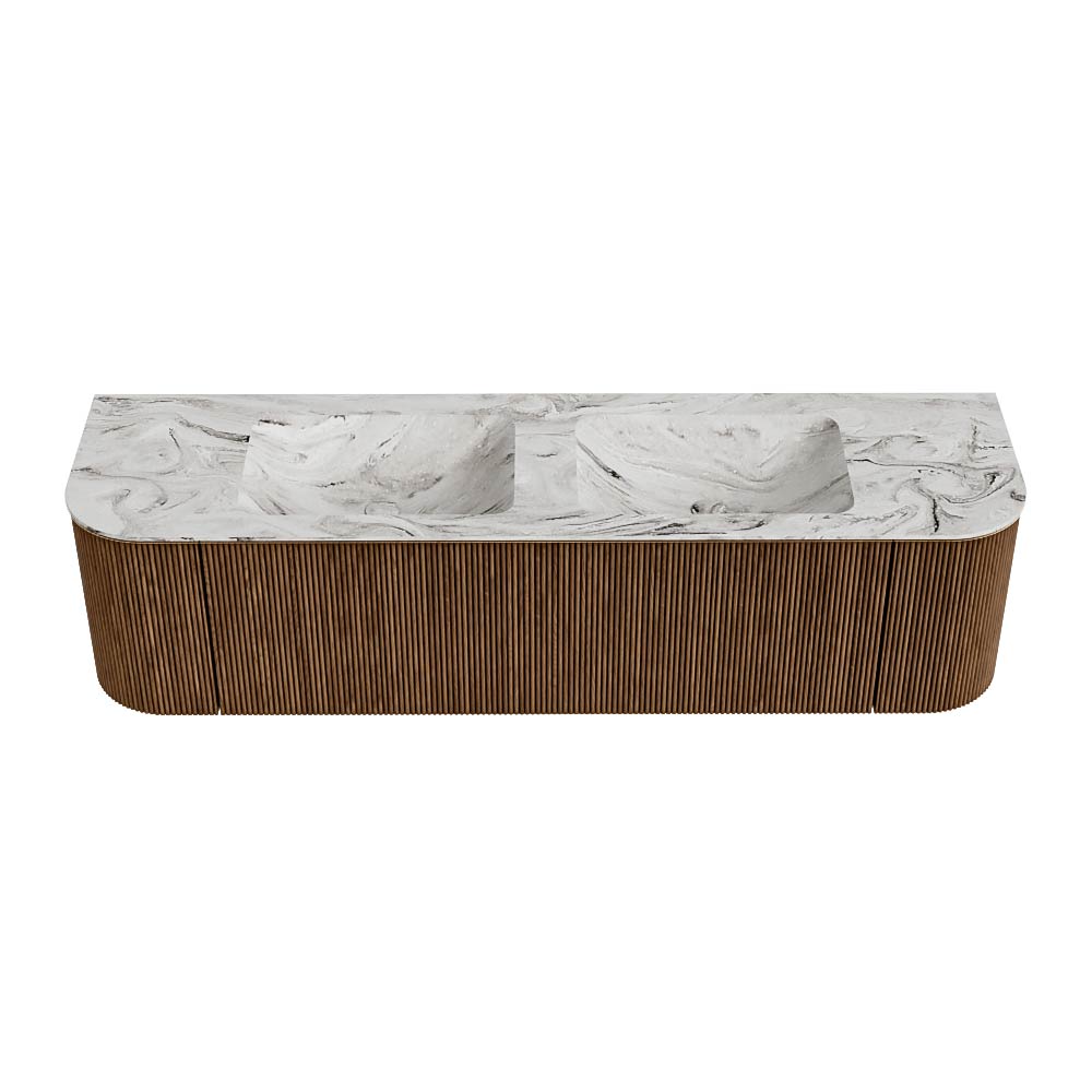 MONDIAZ KURVE-DLUX 170cm mueble de baño curva Izquierda + Derecha color Walnut con 1 cajón y 2 puertas. Lavabo LEAF Doble 2 orificios Glace. 5 MONDIAZ KURVE-DLUX 170cm mueble de baño curva Izquierda + Derecha color Walnut con 1 cajón y 2 puertas. Lavabo LEAF Doble 2 orificios Glace. - Imagen 5