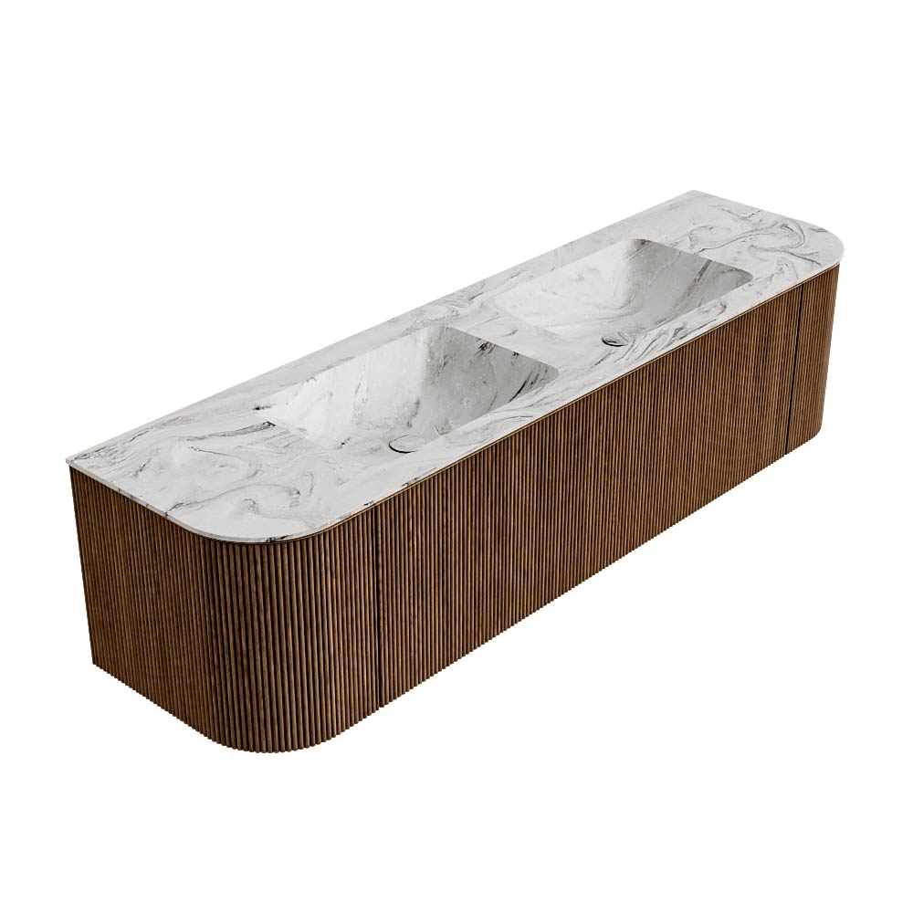 MONDIAZ KURVE-DLUX 170cm mueble de baño curva Izquierda + Derecha color Walnut con 1 cajón y 2 puertas. Lavabo LEAF Doble 2 orificios Glace. 4 MONDIAZ KURVE-DLUX 170cm mueble de baño curva Izquierda + Derecha color Walnut con 1 cajón y 2 puertas. Lavabo LEAF Doble 2 orificios Glace. - Imagen 4