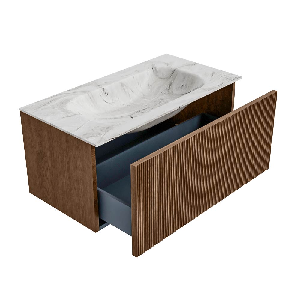 MONDIAZ KURVE-DLUX 90cm mueble de baño color Walnut con 1 cajón y sin puerta. Lavabo BIG SMALL Centro 1 orificio Glace. 6 MONDIAZ KURVE-DLUX 90cm mueble de baño color Walnut con 1 cajón y sin puerta. Lavabo BIG SMALL Centro 1 orificio Glace. - Imagen 6