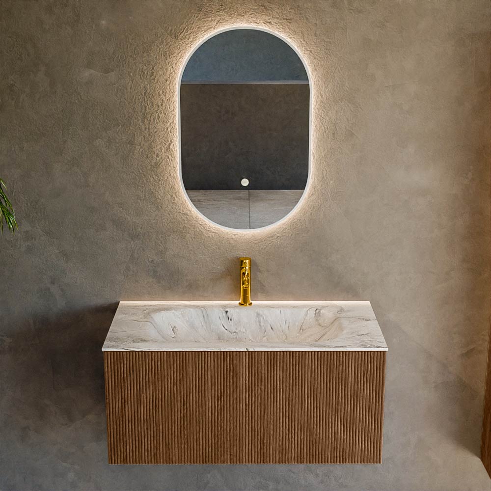 MONDIAZ KURVE-DLUX 90cm mueble de baño color Walnut con 1 cajón y sin puerta. Lavabo BIG SMALL Centro 1 orificio Glace. 2 MONDIAZ KURVE-DLUX 90cm mueble de baño color Walnut con 1 cajón y sin puerta. Lavabo BIG SMALL Centro 1 orificio Glace. - Imagen 2