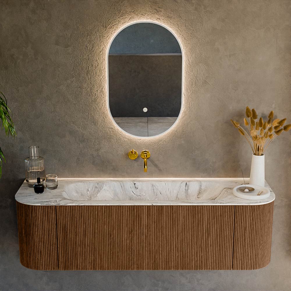 MONDIAZ KURVE-DLUX 150cm mueble de baño curva Izquierda + Derecha color Walnut con 1 cajón y 2 puertas. Lavabo BIG MEDIUM Centro sin orificio Glace. 2 MONDIAZ KURVE-DLUX 150cm mueble de baño curva Izquierda + Derecha color Walnut con 1 cajón y 2 puertas. Lavabo BIG MEDIUM Centro sin orificio Glace. - Imagen 2