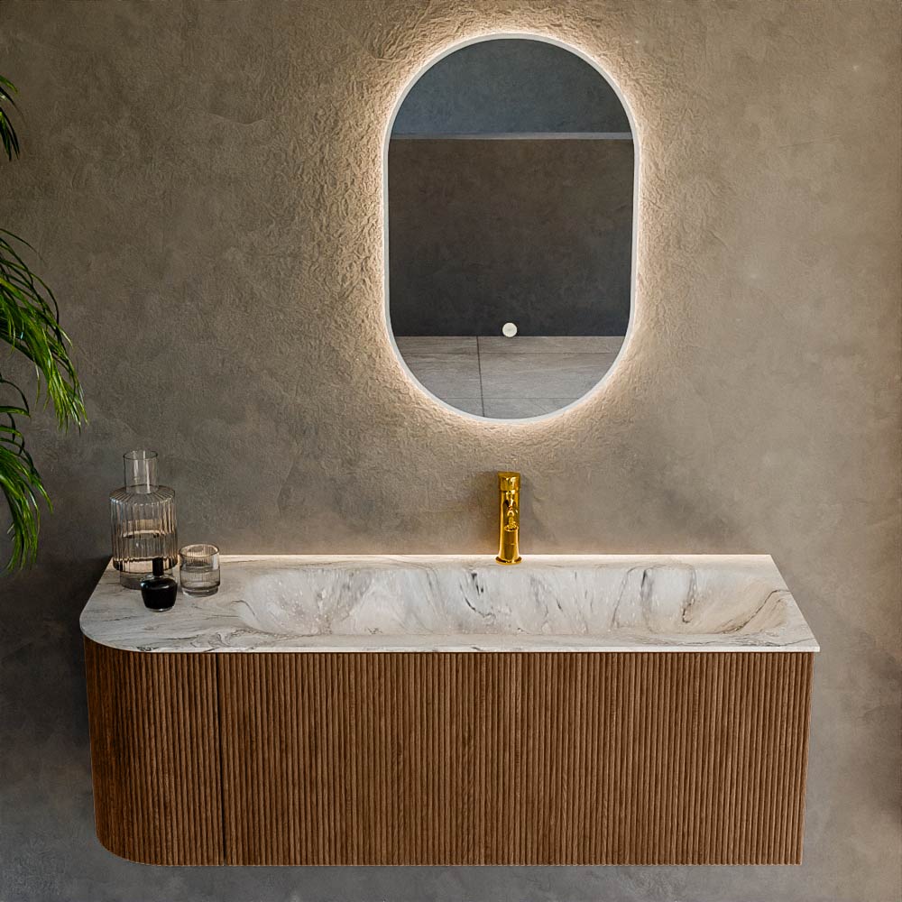 MONDIAZ KURVE-DLUX 125cm mueble de baño curva Izquierda color Walnut con 1 cajón y 1 puerta. Lavabo BIG MEDIUM Derecho 1 orificio Glace. 2 MONDIAZ KURVE-DLUX 125cm mueble de baño curva Izquierda color Walnut con 1 cajón y 1 puerta. Lavabo BIG MEDIUM Derecho 1 orificio Glace. - Imagen 2