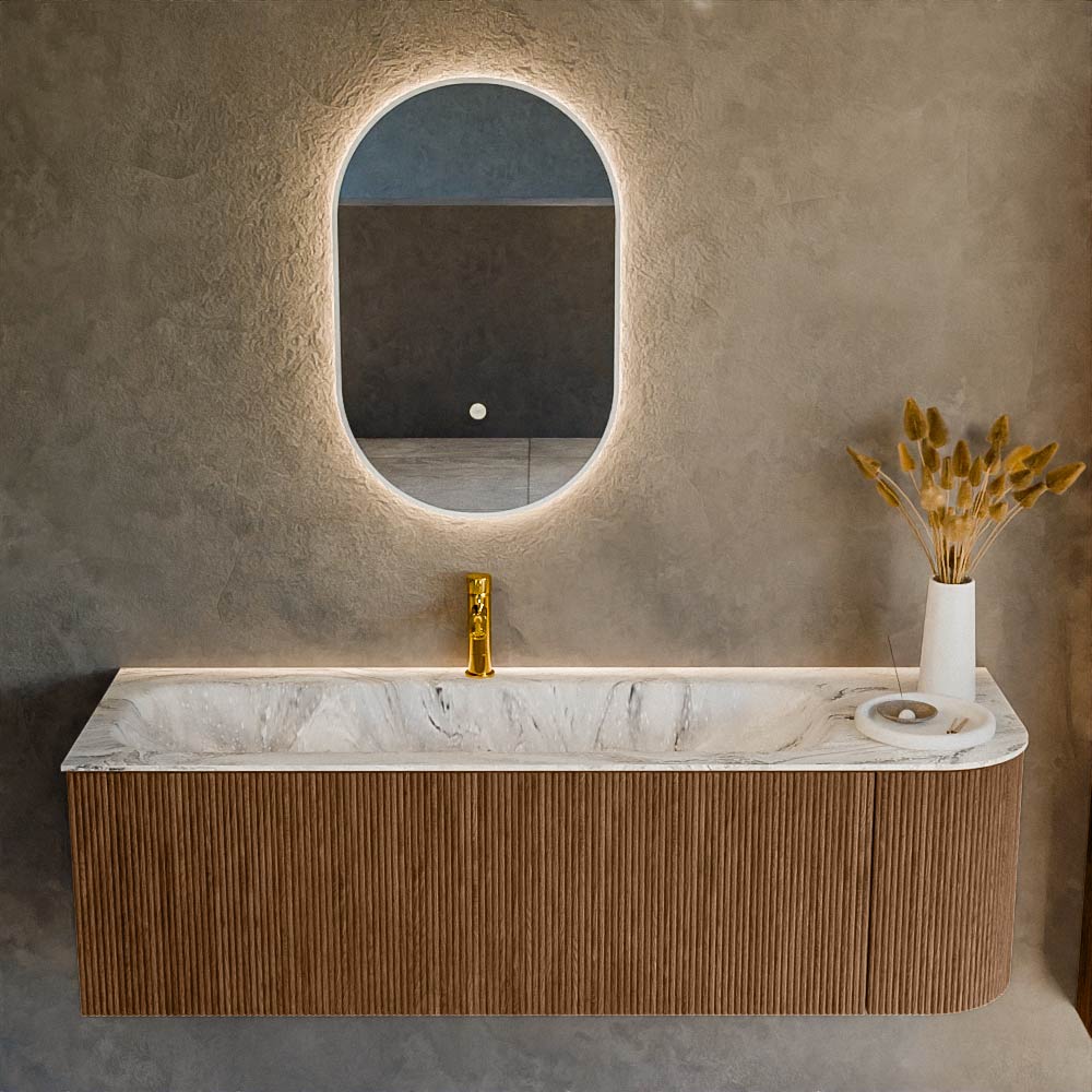 MONDIAZ KURVE-DLUX 145cm mueble de baño curva Derecha color Walnut con 1 cajón y 1 puerta. Lavabo BIG LARGE Izquierda 1 orificio Glace. 2 MONDIAZ KURVE-DLUX 145cm mueble de baño curva Derecha color Walnut con 1 cajón y 1 puerta. Lavabo BIG LARGE Izquierda 1 orificio Glace. - Imagen 2