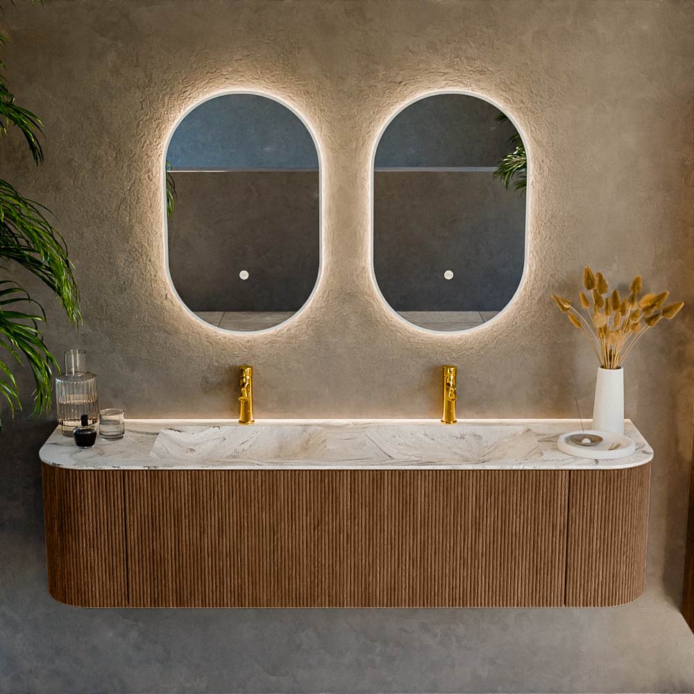 MONDIAZ KURVE-DLUX 170cm mueble de baño curva Izquierda + Derecha color Walnut con 1 cajón y 2 puertas. Lavabo LEAF Doble 2 orificios Glace. 2 MONDIAZ KURVE-DLUX 170cm mueble de baño curva Izquierda + Derecha color Walnut con 1 cajón y 2 puertas. Lavabo LEAF Doble 2 orificios Glace. - Imagen 2
