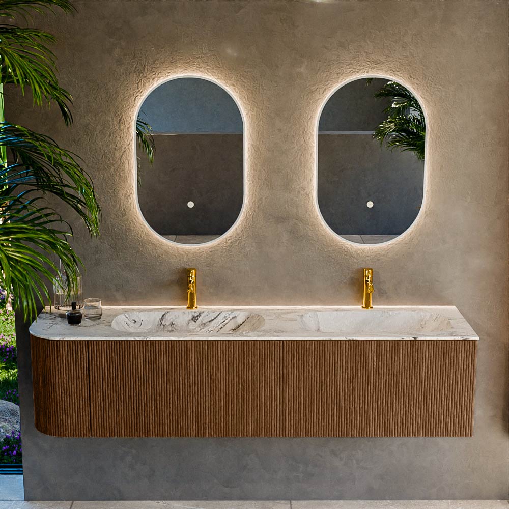 MONDIAZ KURVE-DLUX 175cm mueble de baño curva Izquierda color Walnut con 2 cajones y 1 puerta. Lavabo STOR SMALL Doble / Derecho 2 orificios Glace. 2 MONDIAZ KURVE-DLUX 175cm mueble de baño curva Izquierda color Walnut con 2 cajones y 1 puerta. Lavabo STOR SMALL Doble / Derecho 2 orificios Glace. - Imagen 2