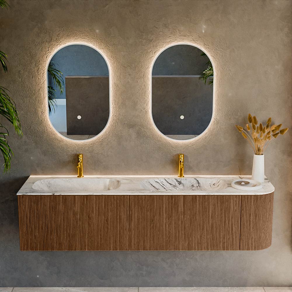 MONDIAZ KURVE-DLUX 175cm mueble de baño curva Derecha color Walnut con 2 cajones y 1 puerta. Lavabo STOR SMALL Doble / Izquierda 2 orificios Glace. 2 MONDIAZ KURVE-DLUX 175cm mueble de baño curva Derecha color Walnut con 2 cajones y 1 puerta. Lavabo STOR SMALL Doble / Izquierda 2 orificios Glace. - Imagen 2