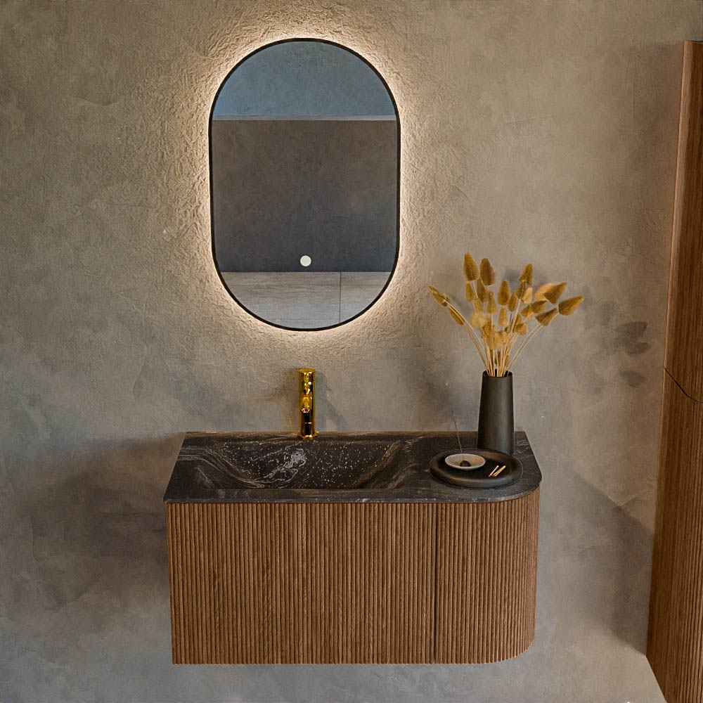 MONDIAZ KURVE-DLUX 85cm mueble de baño curva Derecha color Walnut con 1 cajón y 1 puerta. Lavabo CLOUD Izquierda 1 orificio Lava. 2 MONDIAZ KURVE-DLUX 85cm mueble de baño curva Derecha color Walnut con 1 cajón y 1 puerta. Lavabo CLOUD Izquierda 1 orificio Lava. - Imagen 2