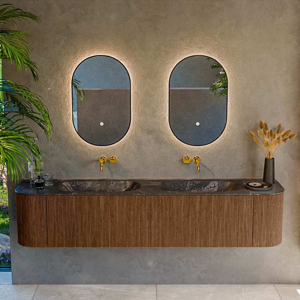 MONDIAZ KURVE-DLUX 200cm mueble de baño curva Izquierda + Derecha color Walnut con 2 cajones y 2 puertas. Lavabo STOR SMALL Doble sin orificio Lava. 2 MONDIAZ KURVE-DLUX 200cm mueble de baño curva Izquierda + Derecha color Walnut con 2 cajones y 2 puertas. Lavabo STOR SMALL Doble sin orificio Lava. - Imagen 2