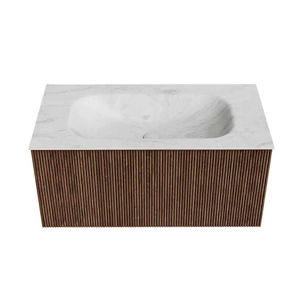 MONDIAZ KURVE-DLUX 90cm mueble de baño color Walnut con 1 cajón y sin puerta. Lavabo BIG SMALL Centro sin orificio Opalo. 5 MONDIAZ KURVE-DLUX 90cm mueble de baño color Walnut con 1 cajón y sin puerta. Lavabo BIG SMALL Centro sin orificio Opalo. - Imagen 5