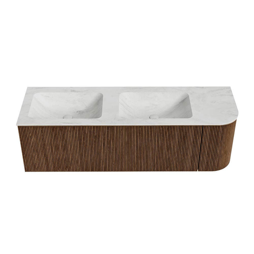 MONDIAZ KURVE-DLUX 145cm mueble de baño curva Derecha color Walnut con 1 cajón y 1 puerta. Lavabo LEAF Doble / Izquierda 2 orificios Opalo. 5 MONDIAZ KURVE-DLUX 145cm mueble de baño curva Derecha color Walnut con 1 cajón y 1 puerta. Lavabo LEAF Doble / Izquierda 2 orificios Opalo. - Imagen 5