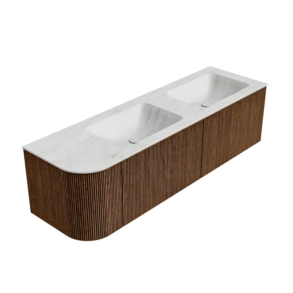 MONDIAZ KURVE-DLUX 155cm mueble de baño curva Izquierda color Walnut con 2 cajones y 1 puerta. Lavabo LEAF Doble / Derecho 2 orificios Opalo. 4 MONDIAZ KURVE-DLUX 155cm mueble de baño curva Izquierda color Walnut con 2 cajones y 1 puerta. Lavabo LEAF Doble / Derecho 2 orificios Opalo. - Imagen 4