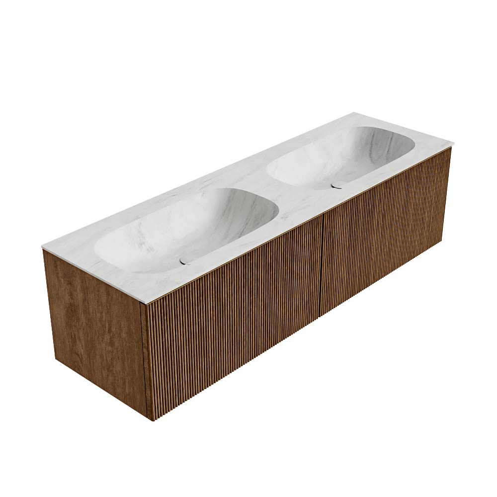 MONDIAZ KURVE-DLUX 150cm mueble de baño color Walnut con 2 cajones y sin puerta. Lavabo STOR SMALL Doble 2 orificios Opalo. 4 MONDIAZ KURVE-DLUX 150cm mueble de baño color Walnut con 2 cajones y sin puerta. Lavabo STOR SMALL Doble 2 orificios Opalo. - Imagen 4