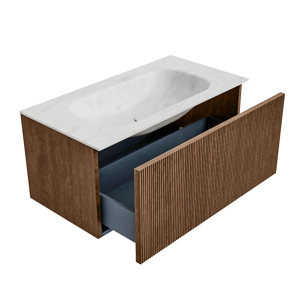MONDIAZ KURVE-DLUX 90cm mueble de baño color Walnut con 1 cajón y sin puerta. Lavabo BIG SMALL Centro sin orificio Opalo. 6 MONDIAZ KURVE-DLUX 90cm mueble de baño color Walnut con 1 cajón y sin puerta. Lavabo BIG SMALL Centro sin orificio Opalo. - Imagen 6