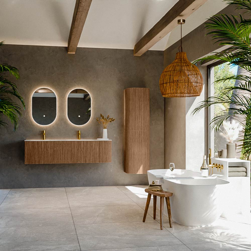 MONDIAZ KURVE-DLUX 155cm mueble de baño curva Derecha color Walnut con 2 cajones y 1 puerta. Lavabo LEAF Doble / Izquierda 2 orificios Opalo. 3 MONDIAZ KURVE-DLUX 155cm mueble de baño curva Derecha color Walnut con 2 cajones y 1 puerta. Lavabo LEAF Doble / Izquierda 2 orificios Opalo. - Imagen 3
