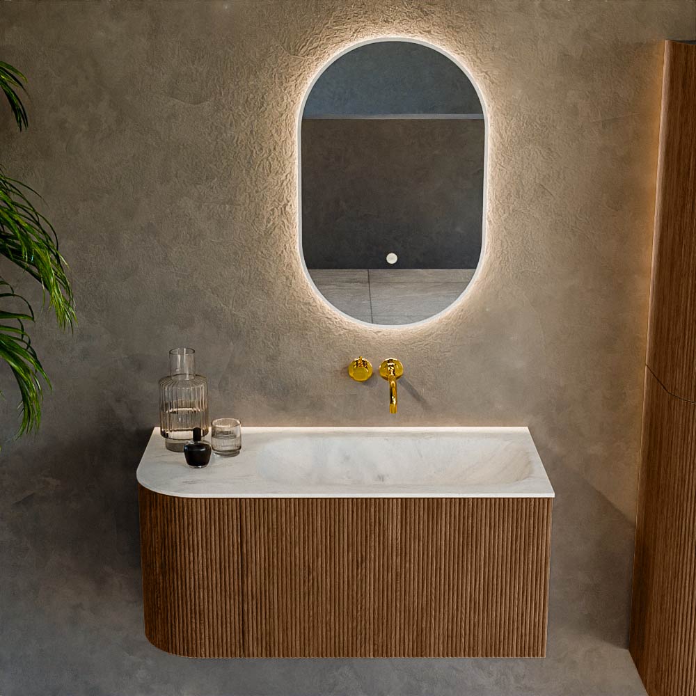 MONDIAZ KURVE-DLUX 95cm mueble de baño curva Izquierda color Walnut con 1 cajón y 1 puerta. Lavabo BIG SMALL Derecho sin orificio Opalo. 2 MONDIAZ KURVE-DLUX 95cm mueble de baño curva Izquierda color Walnut con 1 cajón y 1 puerta. Lavabo BIG SMALL Derecho sin orificio Opalo. - Imagen 2