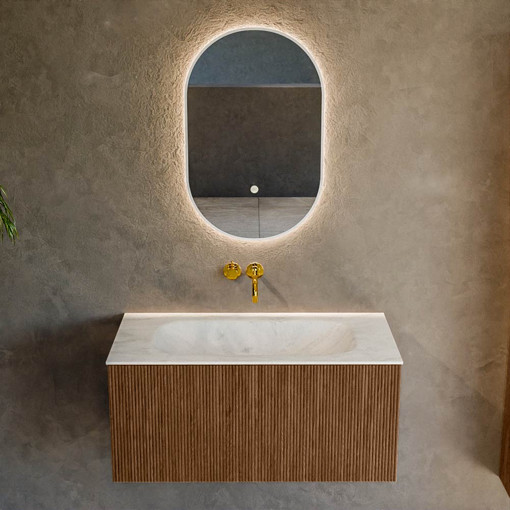 MONDIAZ KURVE-DLUX 90cm mueble de baño color Walnut con 1 cajón y sin puerta. Lavabo BIG SMALL Centro sin orificio Opalo. 2 MONDIAZ KURVE-DLUX 90cm mueble de baño color Walnut con 1 cajón y sin puerta. Lavabo BIG SMALL Centro sin orificio Opalo. - Imagen 2