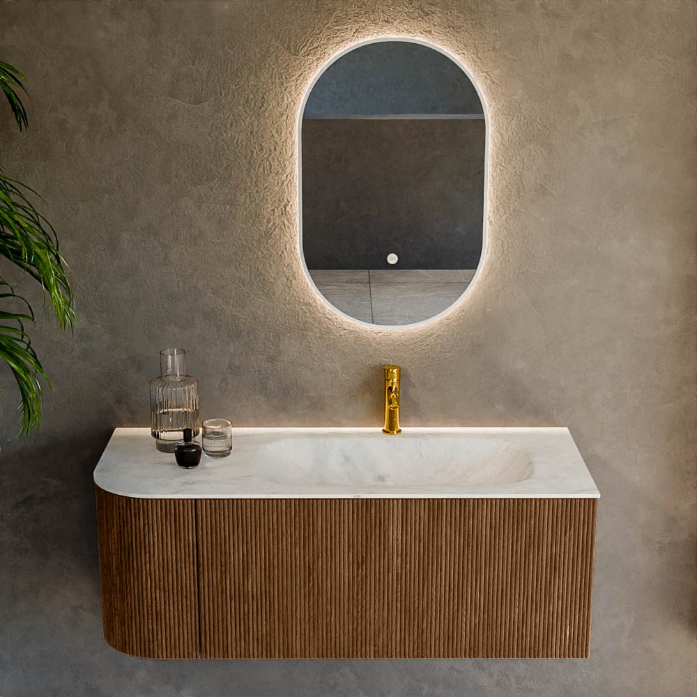 MONDIAZ KURVE-DLUX 115cm mueble de baño curva Izquierda color Walnut con 1 cajón y 1 puerta. Lavabo BIG SMALL Derecho 1 orificio Opalo. 2 MONDIAZ KURVE-DLUX 115cm mueble de baño curva Izquierda color Walnut con 1 cajón y 1 puerta. Lavabo BIG SMALL Derecho 1 orificio Opalo. - Imagen 2