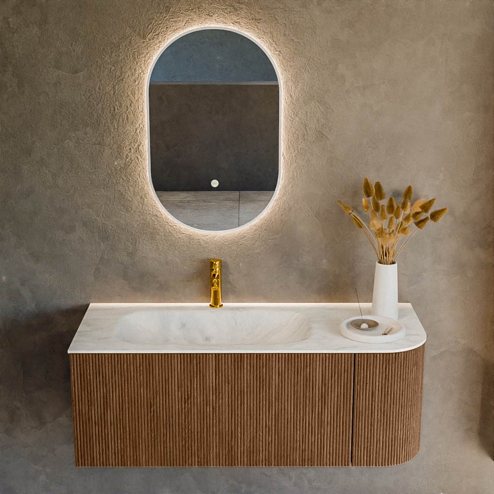 MONDIAZ KURVE-DLUX 115cm mueble de baño curva Derecha color Walnut con 1 cajón y 1 puerta. Lavabo BIG SMALL Izquierda 1 orificio Opalo. 2 MONDIAZ KURVE-DLUX 115cm mueble de baño curva Derecha color Walnut con 1 cajón y 1 puerta. Lavabo BIG SMALL Izquierda 1 orificio Opalo. - Imagen 2