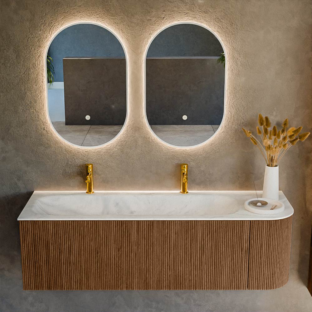 MONDIAZ KURVE-DLUX 145cm mueble de baño curva Derecha color Walnut con 1 cajón y 1 puerta. Lavabo BIG LARGE Izquierda 2 orificios Opalo. 2 MONDIAZ KURVE-DLUX 145cm mueble de baño curva Derecha color Walnut con 1 cajón y 1 puerta. Lavabo BIG LARGE Izquierda 2 orificios Opalo. - Imagen 2