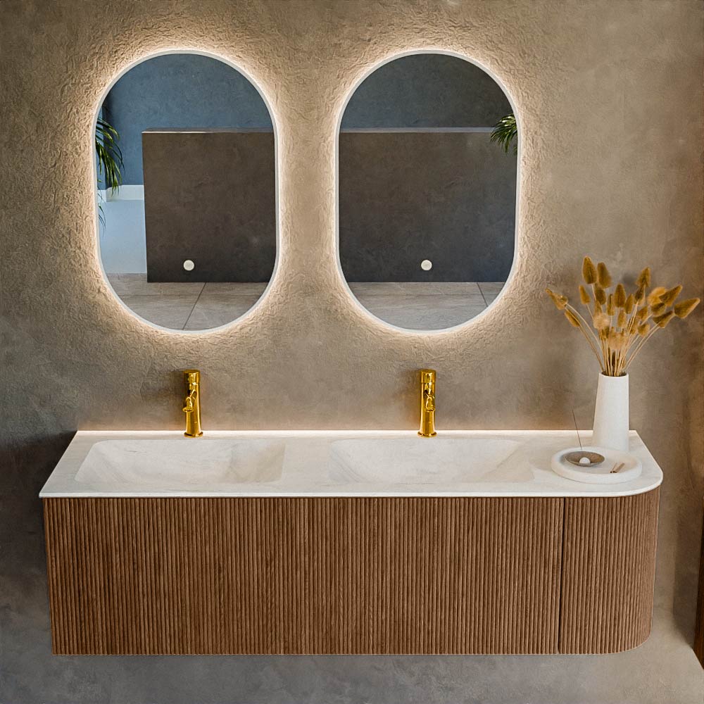 MONDIAZ KURVE-DLUX 145cm mueble de baño curva Derecha color Walnut con 1 cajón y 1 puerta. Lavabo LEAF Doble / Izquierda 2 orificios Opalo. 2 MONDIAZ KURVE-DLUX 145cm mueble de baño curva Derecha color Walnut con 1 cajón y 1 puerta. Lavabo LEAF Doble / Izquierda 2 orificios Opalo. - Imagen 2