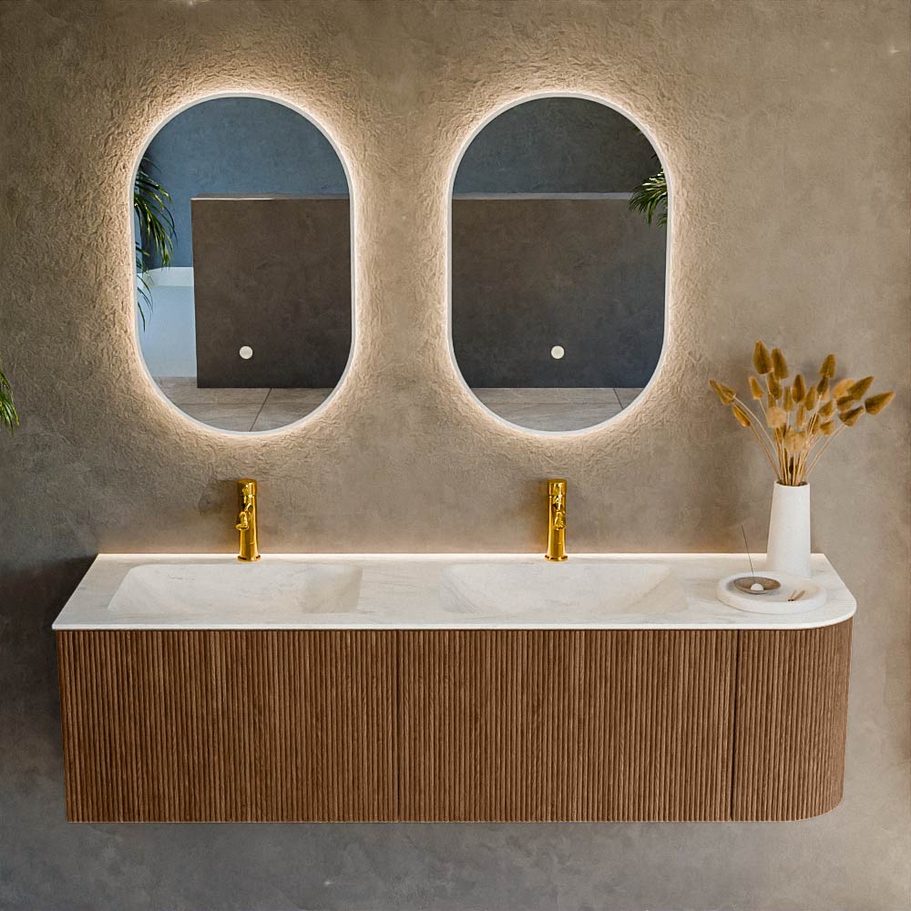 MONDIAZ KURVE-DLUX 155cm mueble de baño curva Derecha color Walnut con 2 cajones y 1 puerta. Lavabo LEAF Doble / Izquierda 2 orificios Opalo. 2 MONDIAZ KURVE-DLUX 155cm mueble de baño curva Derecha color Walnut con 2 cajones y 1 puerta. Lavabo LEAF Doble / Izquierda 2 orificios Opalo. - Imagen 2