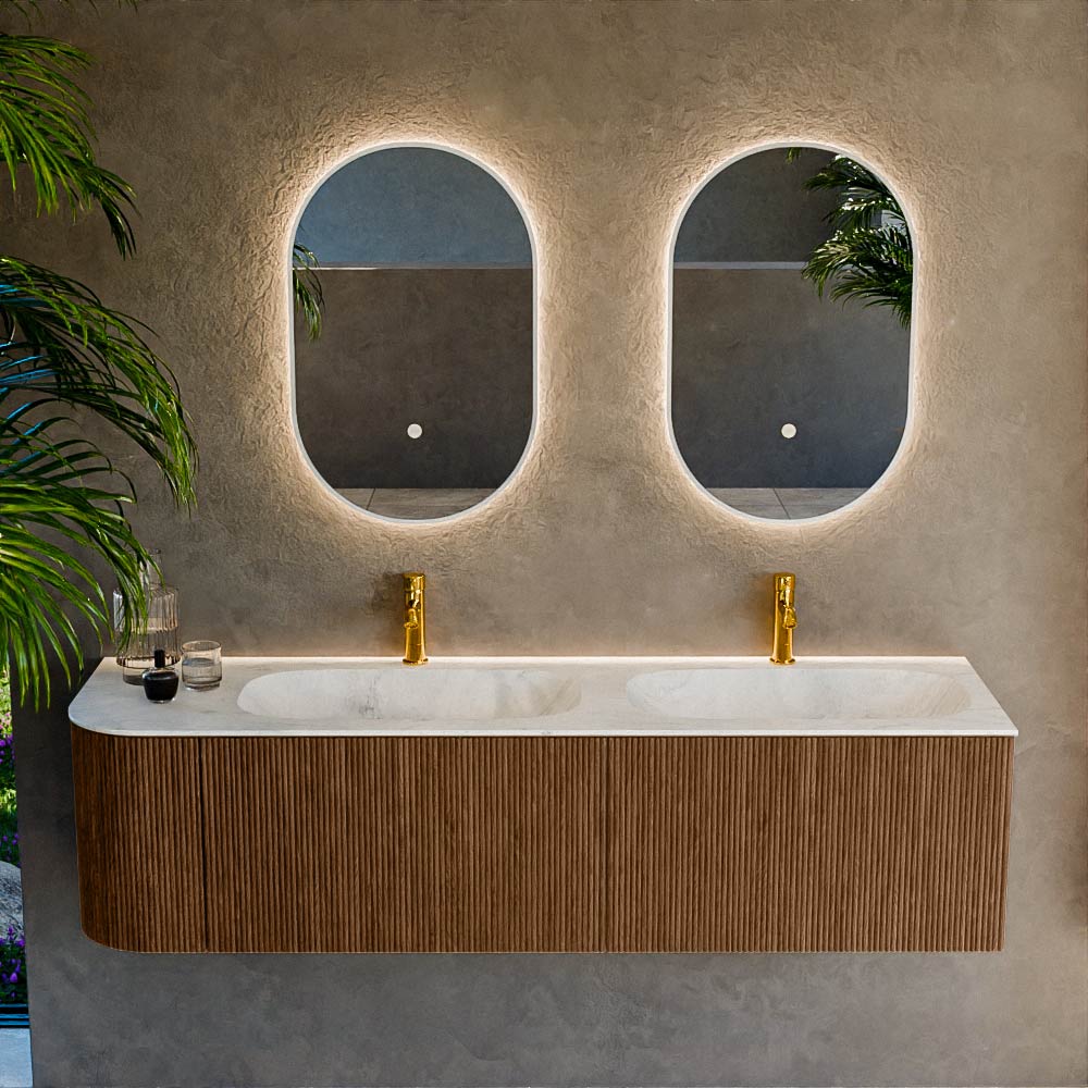 MONDIAZ KURVE-DLUX 165cm mueble de baño curva Izquierda color Walnut con 2 cajones y 1 puerta. Lavabo STOR SMALL Doble / Derecho 2 orificios Opalo. 2 MONDIAZ KURVE-DLUX 165cm mueble de baño curva Izquierda color Walnut con 2 cajones y 1 puerta. Lavabo STOR SMALL Doble / Derecho 2 orificios Opalo. - Imagen 2