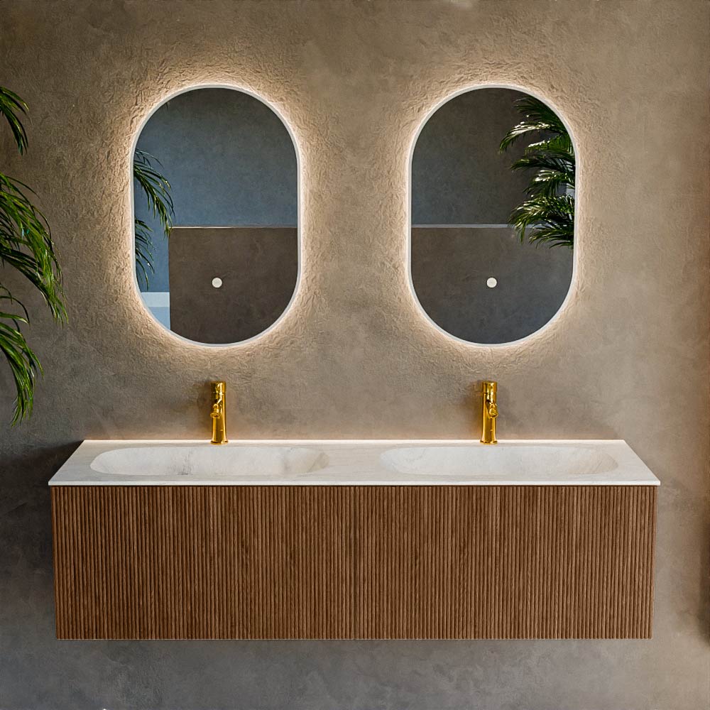 MONDIAZ KURVE-DLUX 150cm mueble de baño color Walnut con 2 cajones y sin puerta. Lavabo STOR SMALL Doble 2 orificios Opalo. 2 MONDIAZ KURVE-DLUX 150cm mueble de baño color Walnut con 2 cajones y sin puerta. Lavabo STOR SMALL Doble 2 orificios Opalo. - Imagen 2