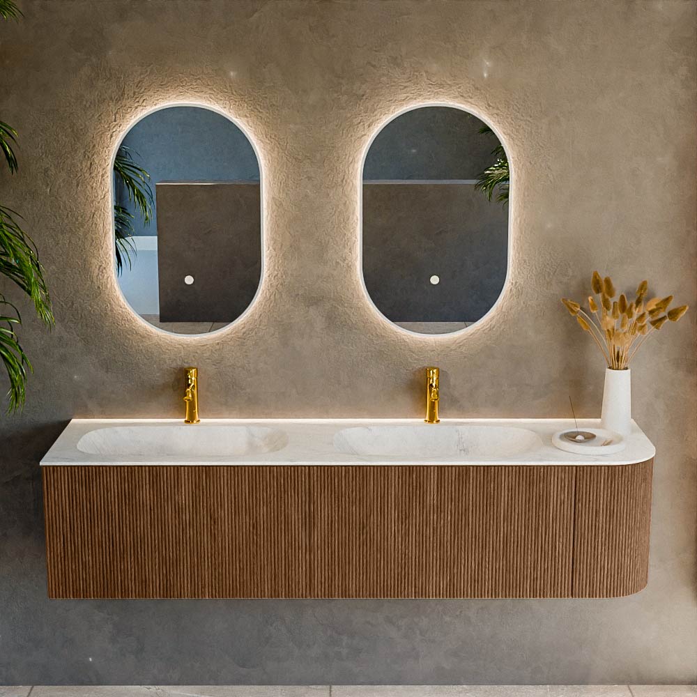 MONDIAZ KURVE-DLUX 175cm mueble de baño curva Derecha color Walnut con 2 cajones y 1 puerta. Lavabo STOR SMALL Doble / Izquierda 2 orificios Opalo. 2 MONDIAZ KURVE-DLUX 175cm mueble de baño curva Derecha color Walnut con 2 cajones y 1 puerta. Lavabo STOR SMALL Doble / Izquierda 2 orificios Opalo. - Imagen 2