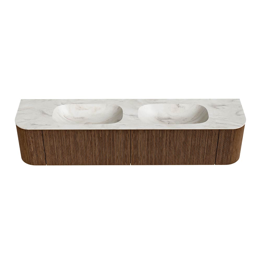 MONDIAZ KURVE-DLUX 200cm mueble de baño curva Izquierda + Derecha color Walnut con 2 cajones y 2 puertas. Lavabo STOR SMALL Doble sin orificio Ostra. 5 MONDIAZ KURVE-DLUX 200cm mueble de baño curva Izquierda + Derecha color Walnut con 2 cajones y 2 puertas. Lavabo STOR SMALL Doble sin orificio Ostra. - Imagen 5