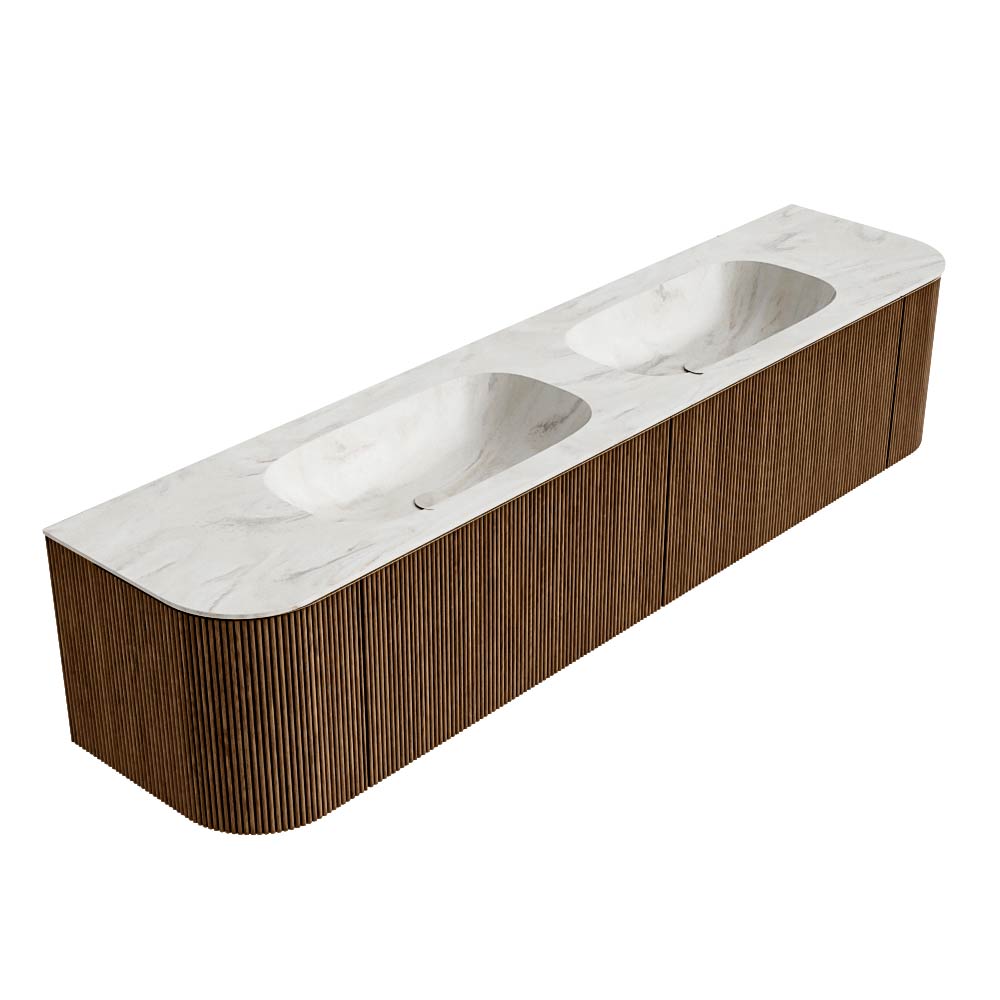 MONDIAZ KURVE-DLUX 200cm mueble de baño curva Izquierda + Derecha color Walnut con 2 cajones y 2 puertas. Lavabo STOR SMALL Doble sin orificio Ostra. 4 MONDIAZ KURVE-DLUX 200cm mueble de baño curva Izquierda + Derecha color Walnut con 2 cajones y 2 puertas. Lavabo STOR SMALL Doble sin orificio Ostra. - Imagen 4