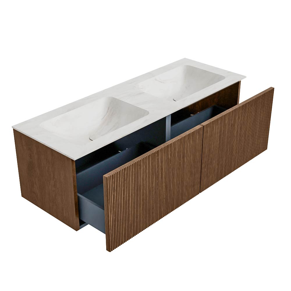 MONDIAZ KURVE-DLUX 130cm mueble de baño color Walnut con 2 cajones y sin puerta. Lavabo LEAF Doble 2 orificios Ostra. 6 MONDIAZ KURVE-DLUX 130cm mueble de baño color Walnut con 2 cajones y sin puerta. Lavabo LEAF Doble 2 orificios Ostra. - Imagen 6