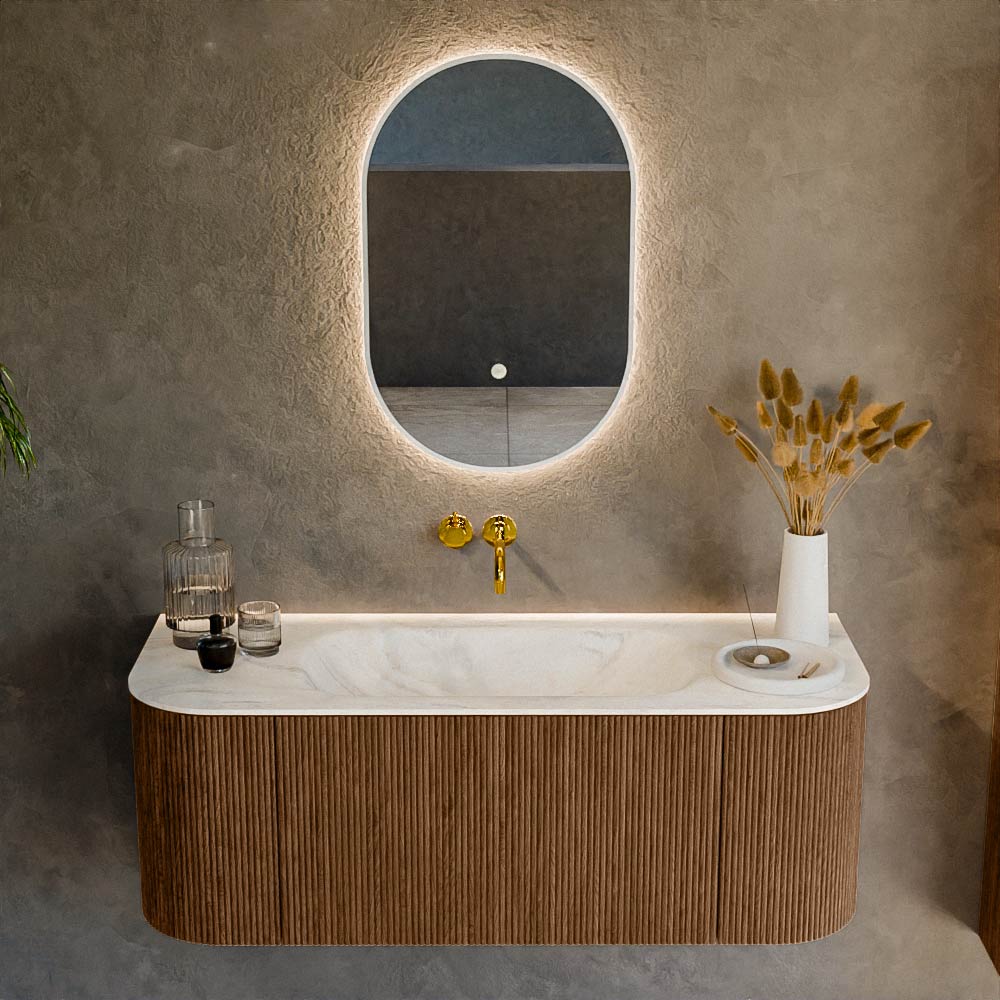 MONDIAZ KURVE-DLUX 120cm mueble de baño curva Izquierda + Derecha color Walnut con 1 cajón y 2 puertas. Lavabo BIG SMALL Centro sin orificio Ostra. 2 MONDIAZ KURVE-DLUX 120cm mueble de baño curva Izquierda + Derecha color Walnut con 1 cajón y 2 puertas. Lavabo BIG SMALL Centro sin orificio Ostra. - Imagen 2