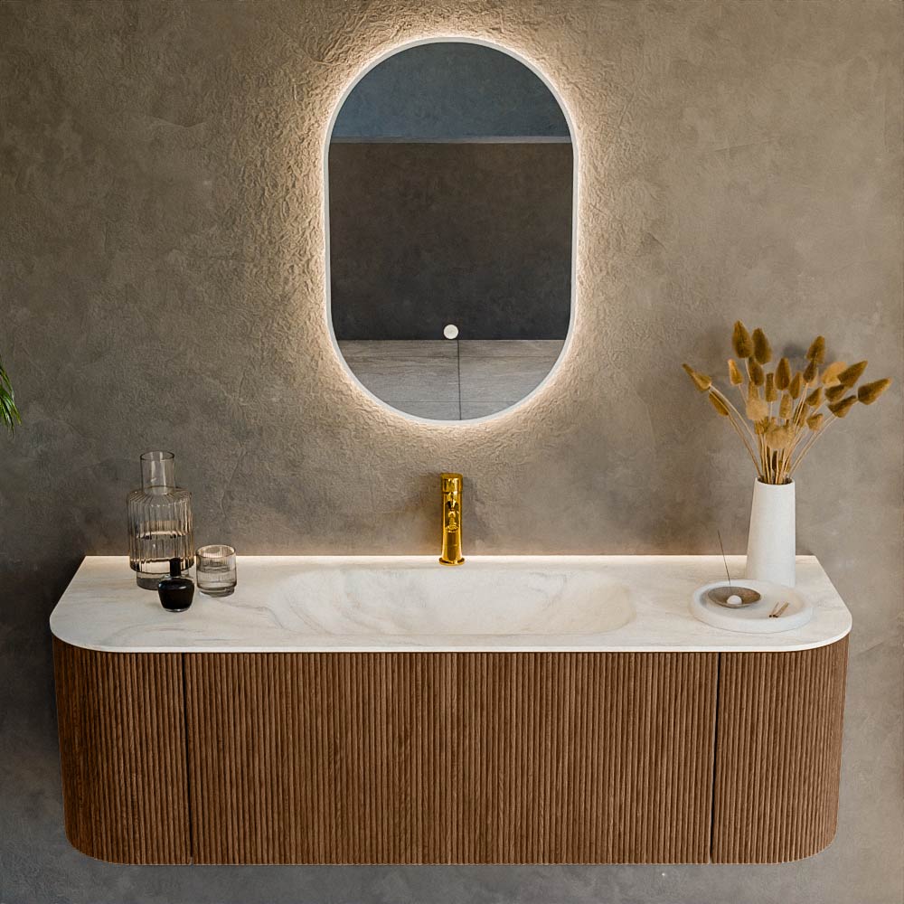 MONDIAZ KURVE-DLUX 140cm mueble de baño curva Izquierda + Derecha color Walnut con 1 cajón y 2 puertas. Lavabo BIG SMALL Centro 1 orificio Ostra. 2 MONDIAZ KURVE-DLUX 140cm mueble de baño curva Izquierda + Derecha color Walnut con 1 cajón y 2 puertas. Lavabo BIG SMALL Centro 1 orificio Ostra. - Imagen 2