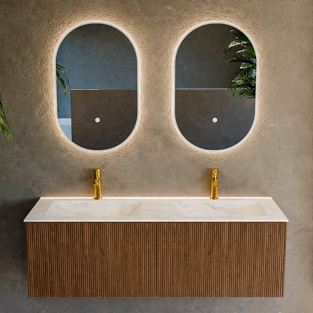 MONDIAZ KURVE-DLUX 130cm mueble de baño color Walnut con 2 cajones y sin puerta. Lavabo LEAF Doble 2 orificios Ostra. 2 MONDIAZ KURVE-DLUX 130cm mueble de baño color Walnut con 2 cajones y sin puerta. Lavabo LEAF Doble 2 orificios Ostra. - Imagen 2