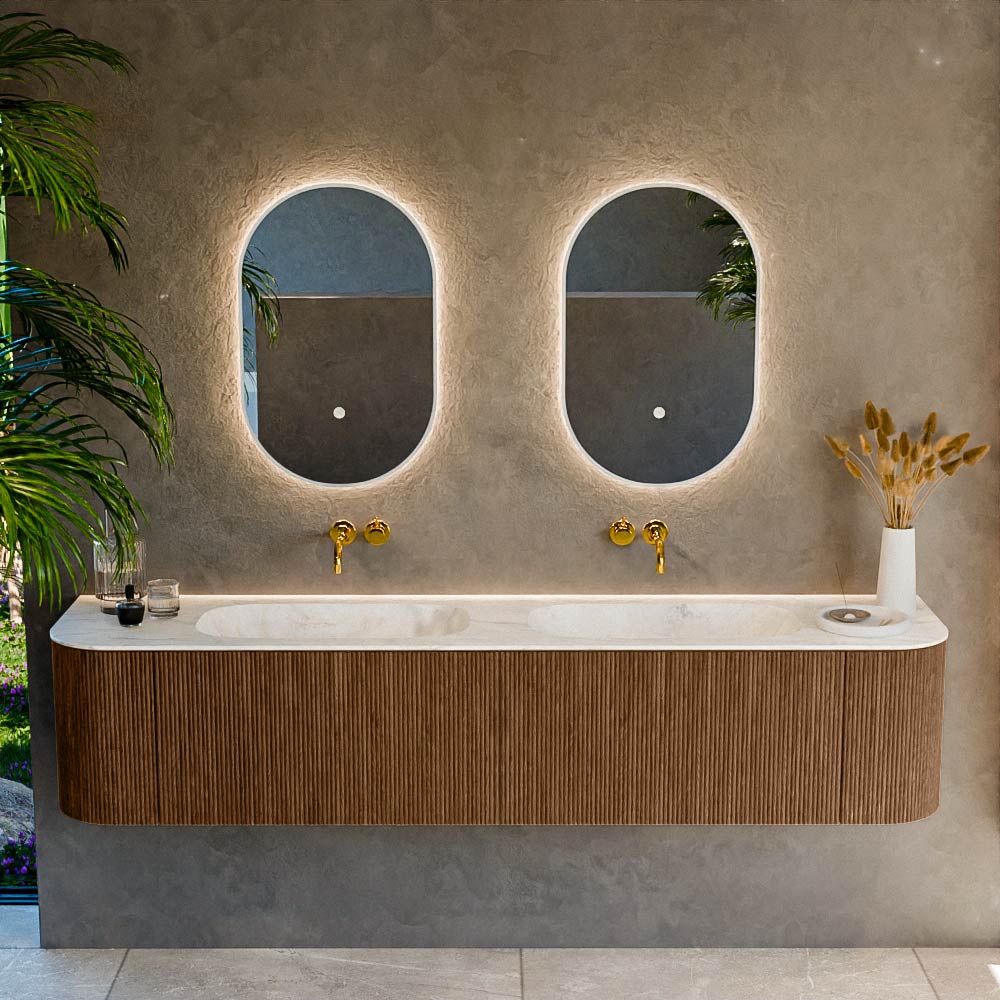 MONDIAZ KURVE-DLUX 200cm mueble de baño curva Izquierda + Derecha color Walnut con 2 cajones y 2 puertas. Lavabo STOR SMALL Doble sin orificio Ostra. 2 MONDIAZ KURVE-DLUX 200cm mueble de baño curva Izquierda + Derecha color Walnut con 2 cajones y 2 puertas. Lavabo STOR SMALL Doble sin orificio Ostra. - Imagen 2