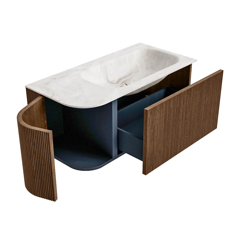 MONDIAZ KURVE-DLUX 95cm mueble de baño curva Izquierda color Walnut con 1 cajón y 1 puerta. Lavabo BIG SMALL Derecho sin orificio Frappe. 6 MONDIAZ KURVE-DLUX 95cm mueble de baño curva Izquierda color Walnut con 1 cajón y 1 puerta. Lavabo BIG SMALL Derecho sin orificio Frappe. - Imagen 6