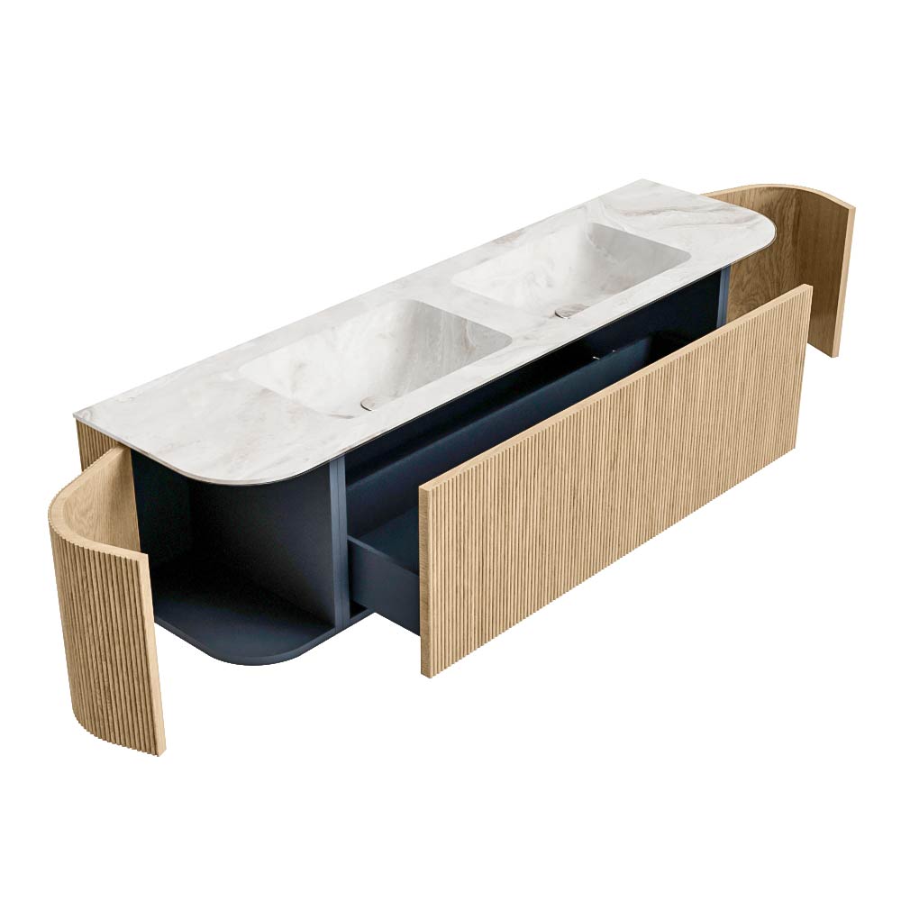 MONDIAZ KURVE-DLUX 170cm mueble de baño curva Izquierda + Derecha color Oak con 1 cajón y 2 puertas. Lavabo LEAF Doble sin orificio Frappe. 6 MONDIAZ KURVE-DLUX 170cm mueble de baño curva Izquierda + Derecha color Oak con 1 cajón y 2 puertas. Lavabo LEAF Doble sin orificio Frappe. - Imagen 6