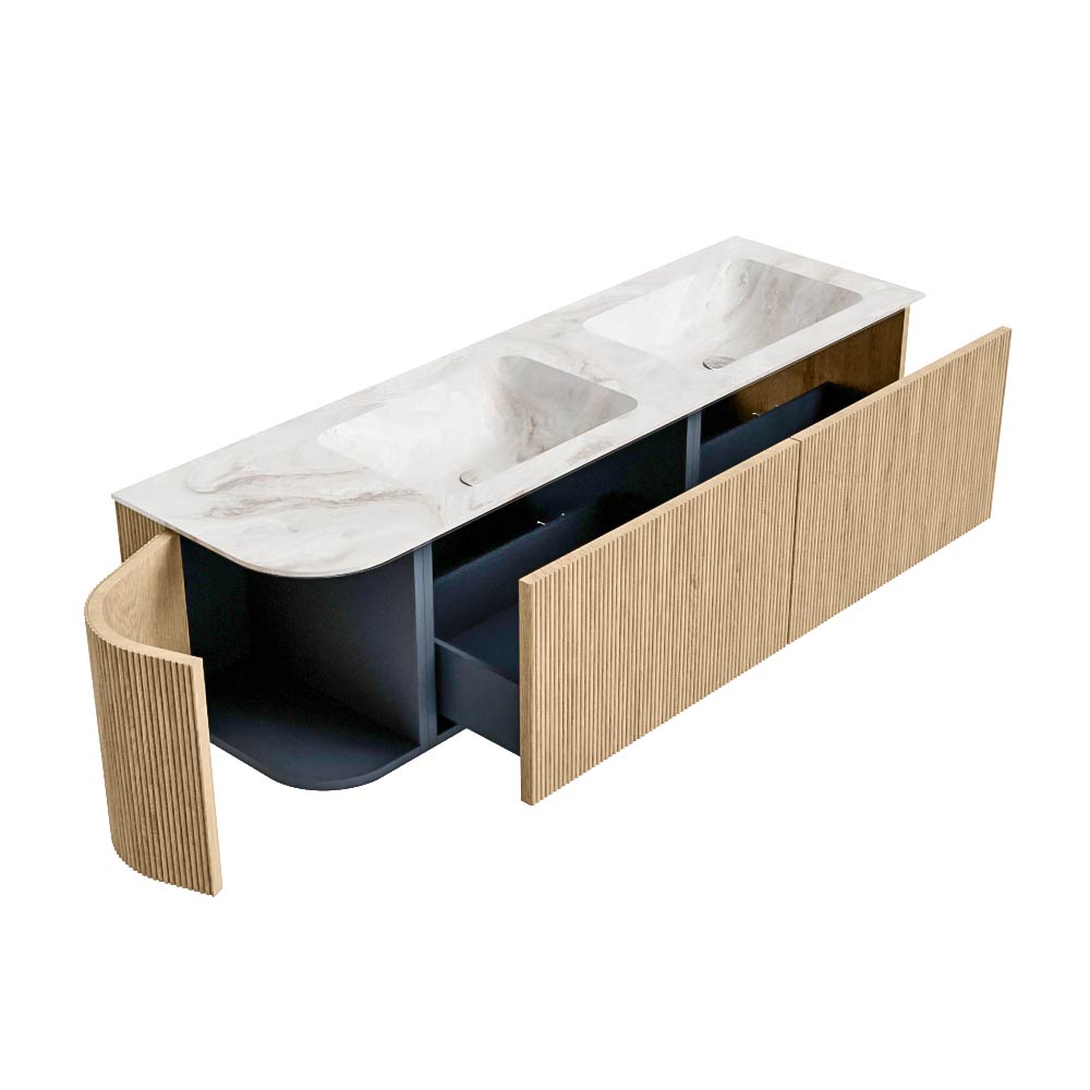 MONDIAZ KURVE-DLUX 155cm mueble de baño curva Izquierda color Oak con 2 cajones y 1 puerta. Lavabo LEAF Doble / Derecho 2 orificios Frappe. 6 MONDIAZ KURVE-DLUX 155cm mueble de baño curva Izquierda color Oak con 2 cajones y 1 puerta. Lavabo LEAF Doble / Derecho 2 orificios Frappe. - Imagen 6