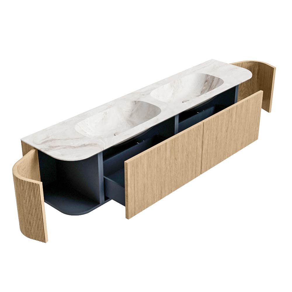 MONDIAZ KURVE-DLUX 190cm mueble de baño curva Izquierda + Derecha color Oak con 2 cajones y 2 puertas. Lavabo STOR SMALL Doble 2 orificios Frappe. 6 MONDIAZ KURVE-DLUX 190cm mueble de baño curva Izquierda + Derecha color Oak con 2 cajones y 2 puertas. Lavabo STOR SMALL Doble 2 orificios Frappe. - Imagen 6