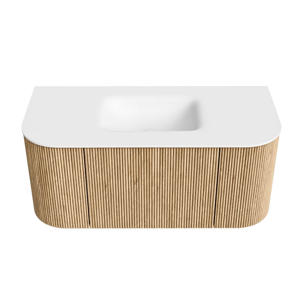 MONDIAZ KURVE 100cm mueble de baño curva Izquierda + Derecha color Oak con 1 cajón y 2 puertas. Lavabo GRUNNE Centro sin orificio Talc. 5 MONDIAZ KURVE 100cm mueble de baño curva Izquierda + Derecha color Oak con 1 cajón y 2 puertas. Lavabo GRUNNE Centro sin orificio Talc. - Imagen 5