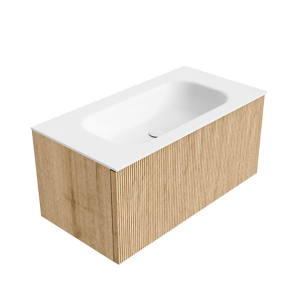MONDIAZ KURVE 90cm mueble de baño color Oak con 1 cajón y sin puerta. Lavabo BIG SMALL Centro 1 orificio Talc. 4 MONDIAZ KURVE 90cm mueble de baño color Oak con 1 cajón y sin puerta. Lavabo BIG SMALL Centro 1 orificio Talc. - Imagen 4
