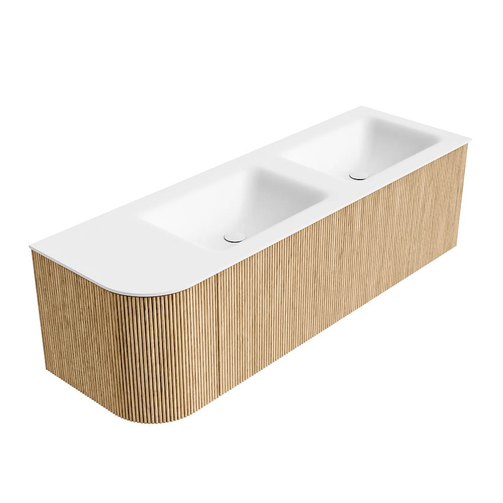 MONDIAZ KURVE 145cm mueble de baño curva Izquierda color Oak con 1 cajón y 1 puerta. Lavabo CLOUD Doble / Derecho sin orificio Talc. 4 MONDIAZ KURVE 145cm mueble de baño curva Izquierda color Oak con 1 cajón y 1 puerta. Lavabo CLOUD Doble / Derecho sin orificio Talc. - Imagen 4