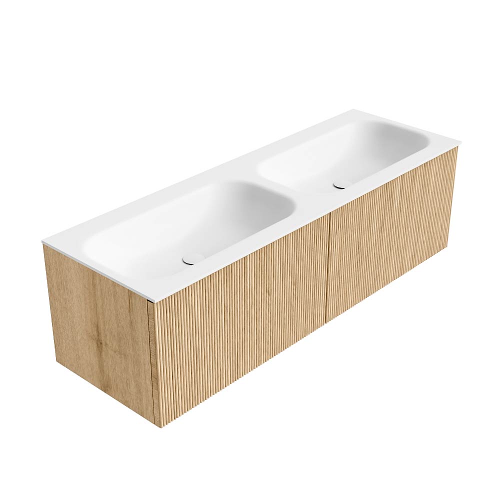 MONDIAZ KURVE 140cm mueble de baño color Oak con 2 cajones y sin puerta. Lavabo BIG SMALL Doble 2 orificios Talc. 4 MONDIAZ KURVE 140cm mueble de baño color Oak con 2 cajones y sin puerta. Lavabo BIG SMALL Doble 2 orificios Talc. - Imagen 4