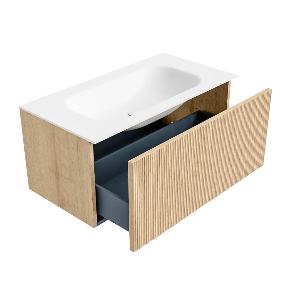 MONDIAZ KURVE 90cm mueble de baño color Oak con 1 cajón y sin puerta. Lavabo BIG SMALL Centro 1 orificio Talc. 6 MONDIAZ KURVE 90cm mueble de baño color Oak con 1 cajón y sin puerta. Lavabo BIG SMALL Centro 1 orificio Talc. - Imagen 6