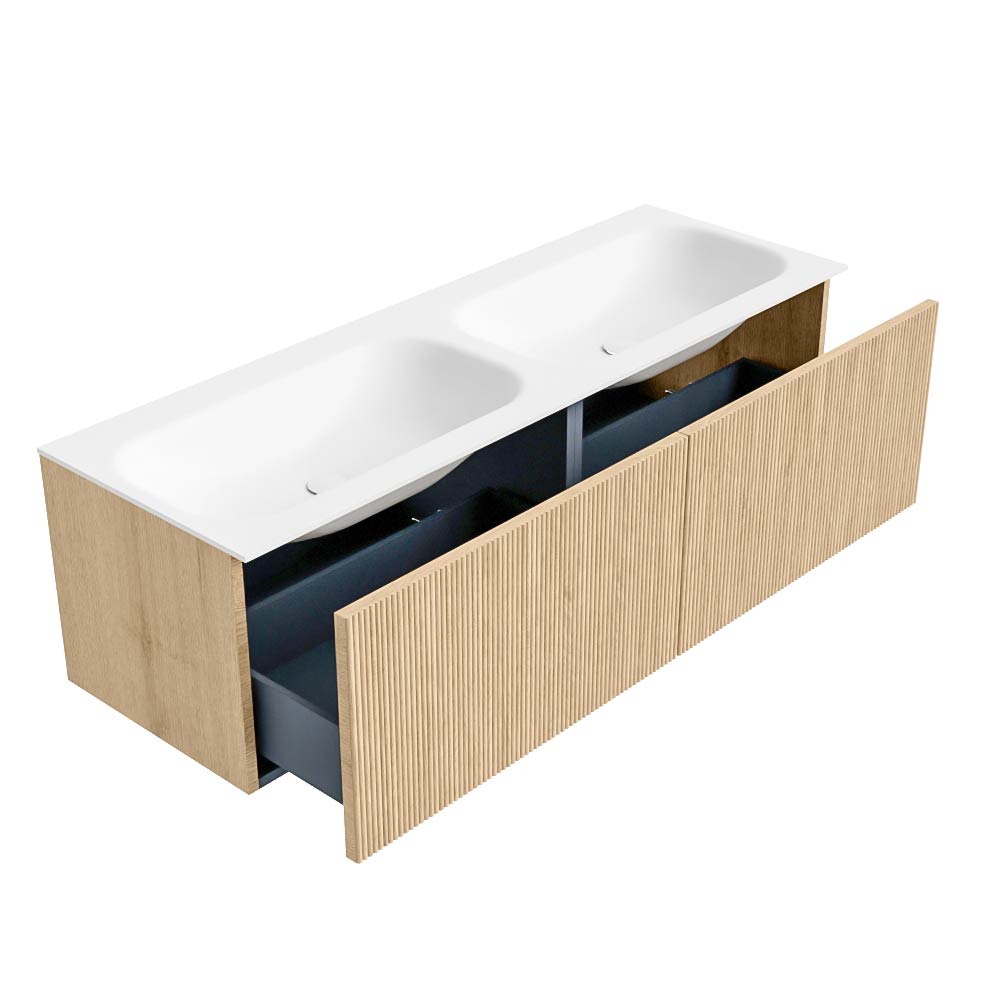 MONDIAZ KURVE 140cm mueble de baño color Oak con 2 cajones y sin puerta. Lavabo BIG SMALL Doble 2 orificios Talc. 6 MONDIAZ KURVE 140cm mueble de baño color Oak con 2 cajones y sin puerta. Lavabo BIG SMALL Doble 2 orificios Talc. - Imagen 6