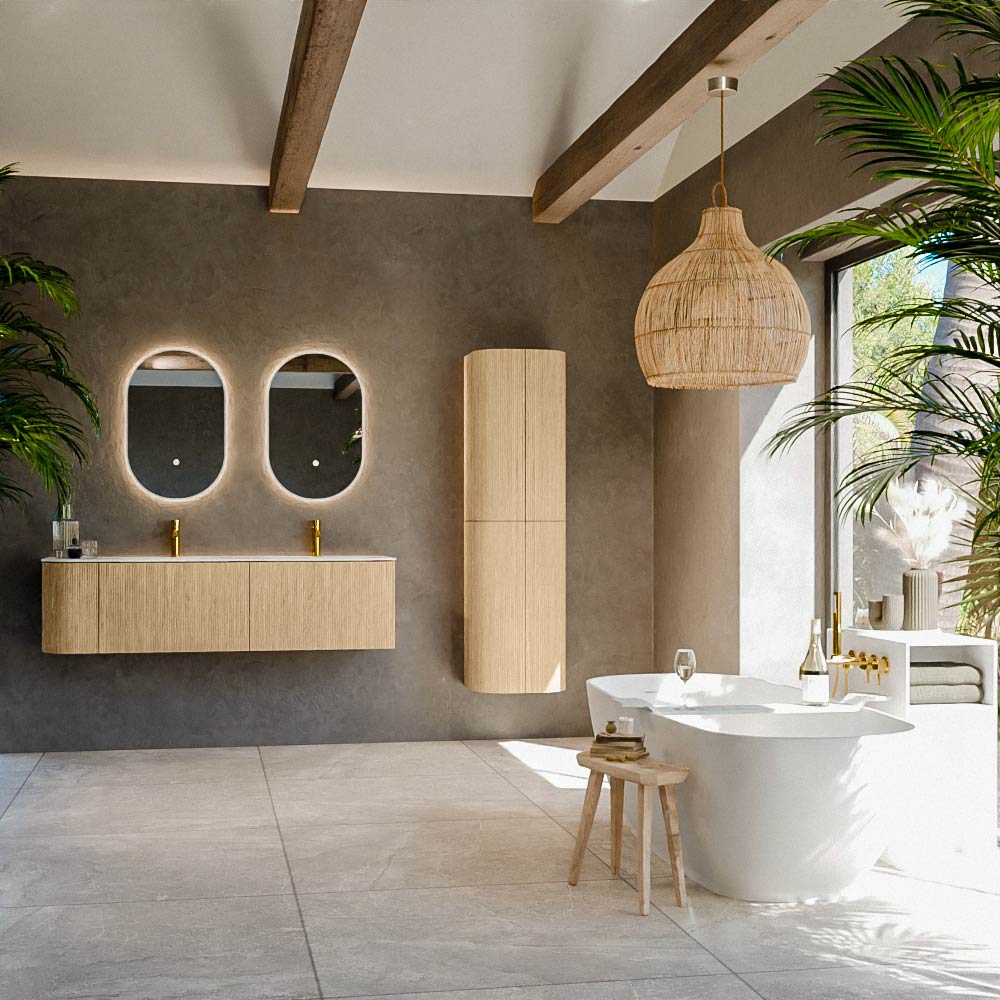 MONDIAZ KURVE 155cm mueble de baño curva Izquierda color Oak con 2 cajones y 1 puerta. Lavabo CLOUD Doble / Derecho 2 orificios Talc. 3 MONDIAZ KURVE 155cm mueble de baño curva Izquierda color Oak con 2 cajones y 1 puerta. Lavabo CLOUD Doble / Derecho 2 orificios Talc. - Imagen 3
