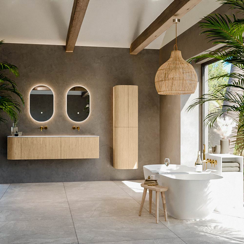 MONDIAZ KURVE 165cm mueble de baño curva Izquierda color Oak con 2 cajones y 1 puerta. Lavabo BIG SMALL Doble / Derecho sin orificio Talc. 3 MONDIAZ KURVE 165cm mueble de baño curva Izquierda color Oak con 2 cajones y 1 puerta. Lavabo BIG SMALL Doble / Derecho sin orificio Talc. - Imagen 3